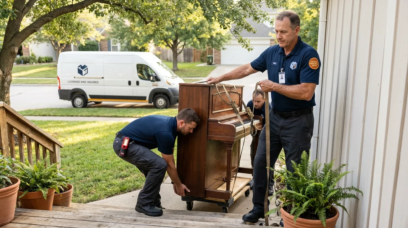Licensed piano movers securing grand piano in Woodstown, NJ