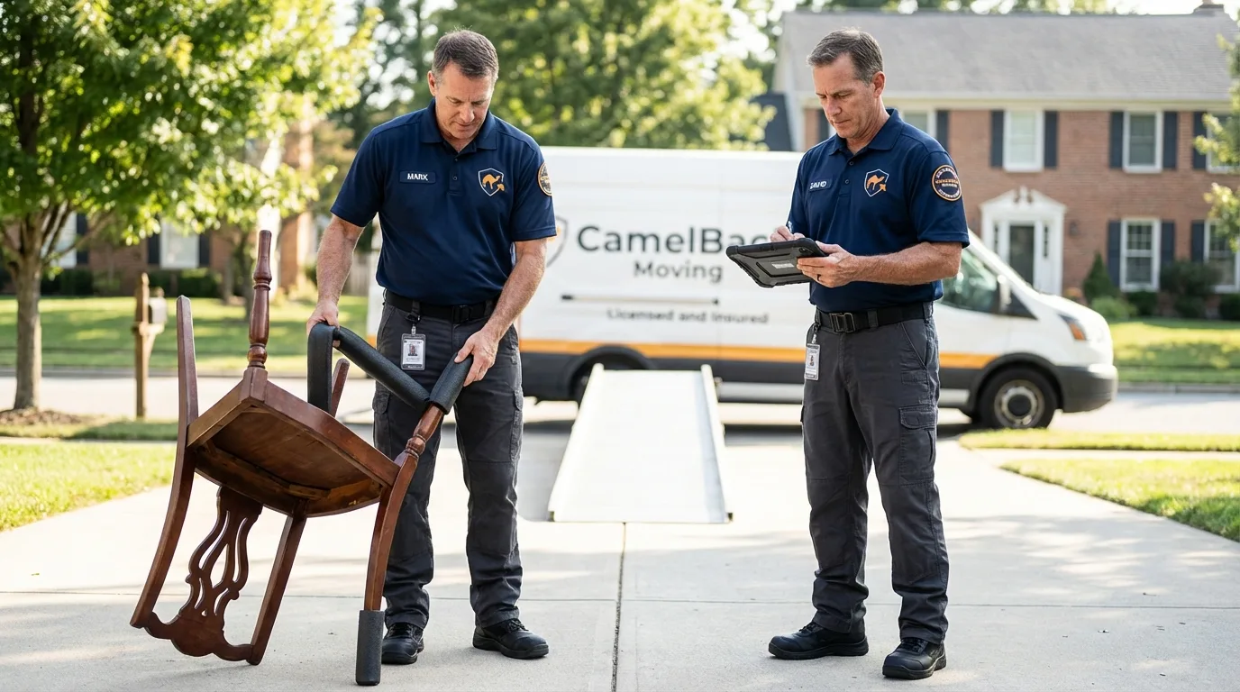 Movers inspecting furniture for damage prevention before loading in Woodstown, NJ