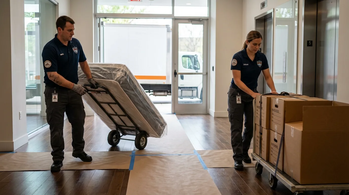 Professional apartment movers loading elevator in Woodstown, NJ