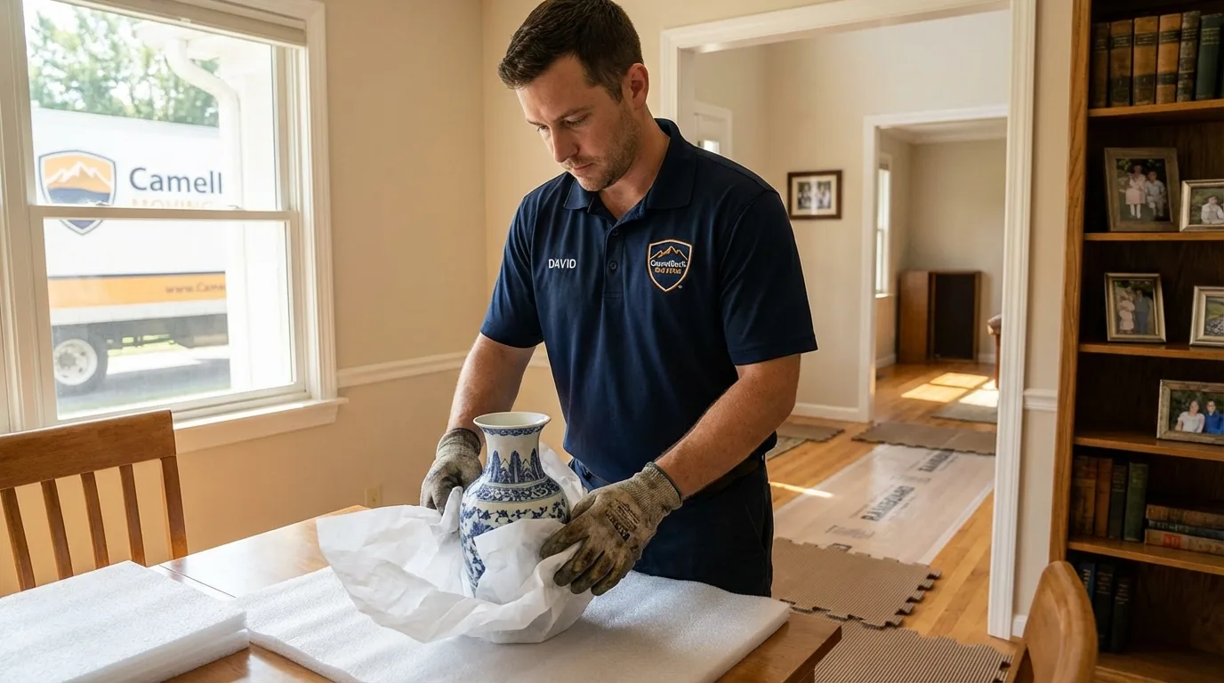 Professional crew carefully wrapping antique vase for senior downsizing move in Woodstown, NJ